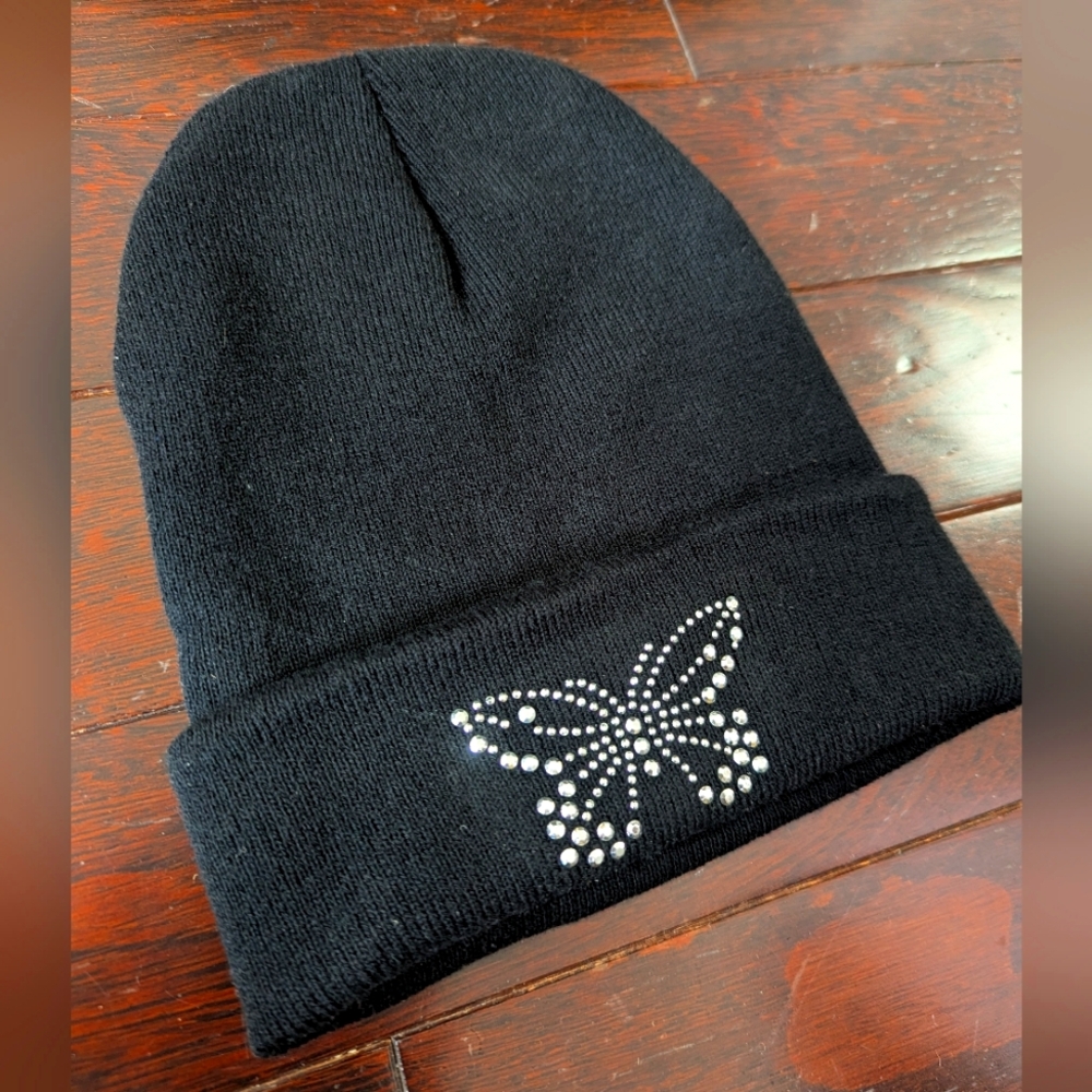 Embellished Butterfly Beanie Hat - Black/Silver